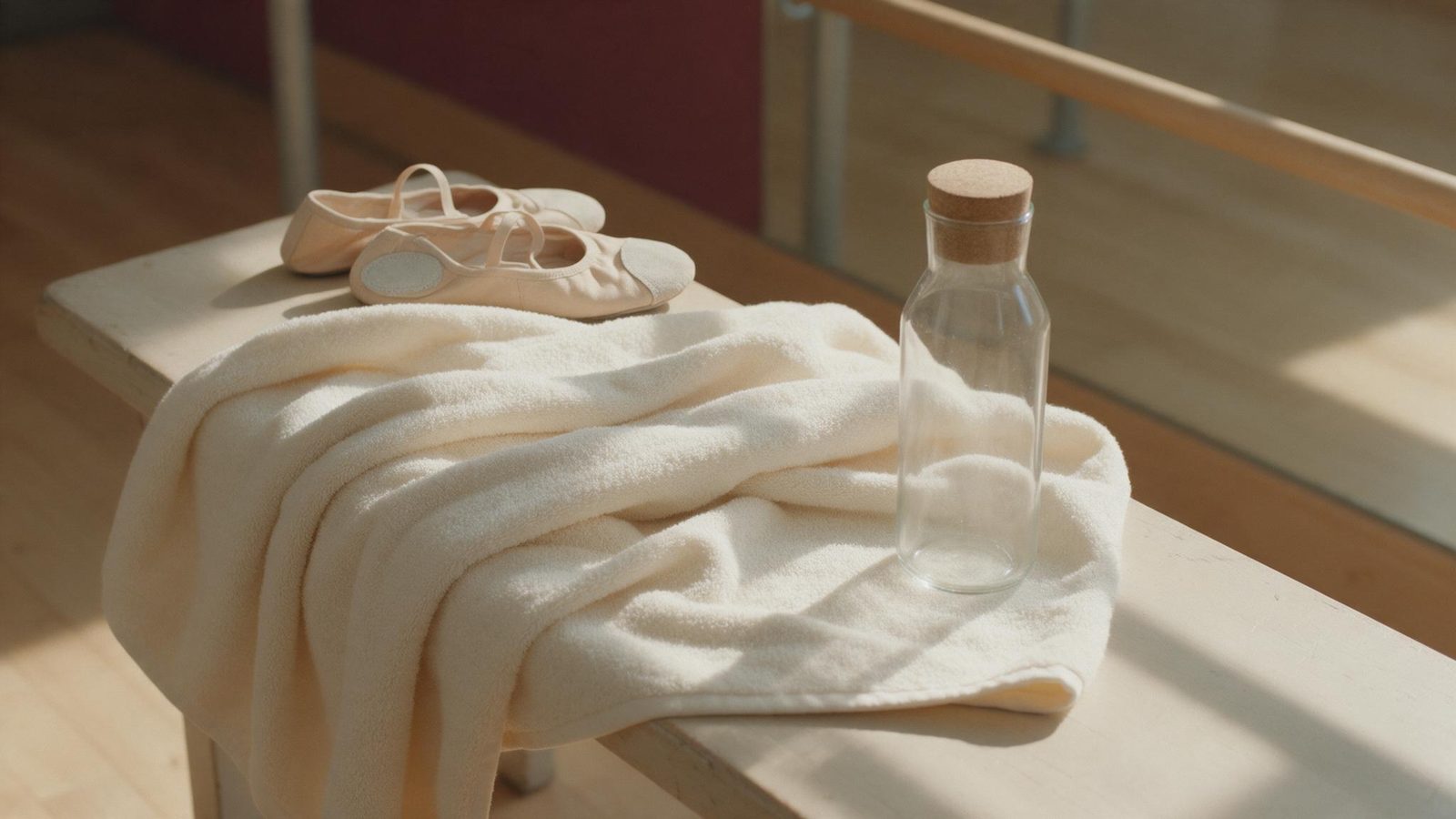 Unas zapatillas de danza claras con una toalla y una botella de agua sobre un banco de madera
