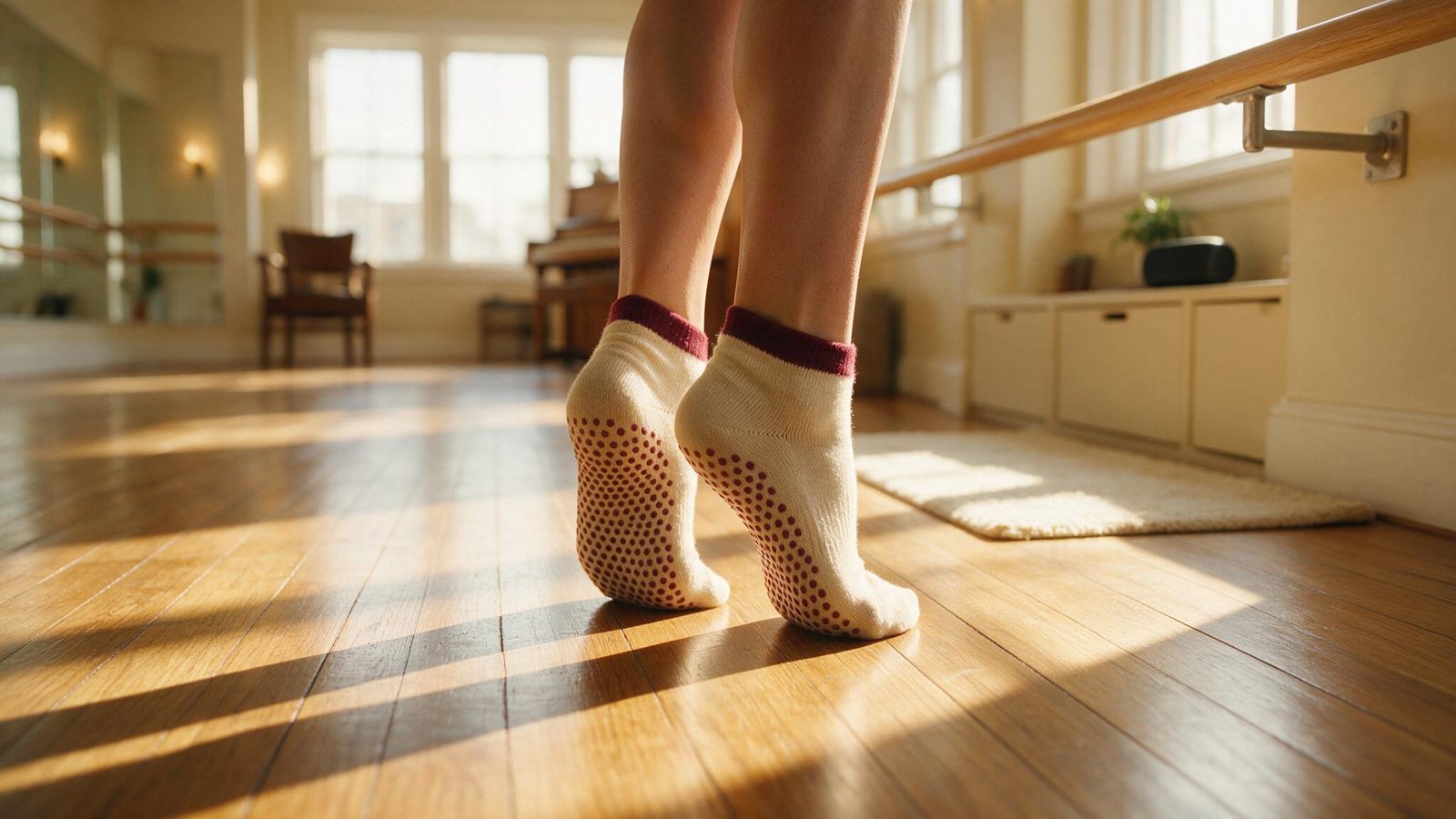 Peus d'una adulta amb mitjons antilliscants posant-se de puntetes al costat d'una barra de ballet amb llum de matí