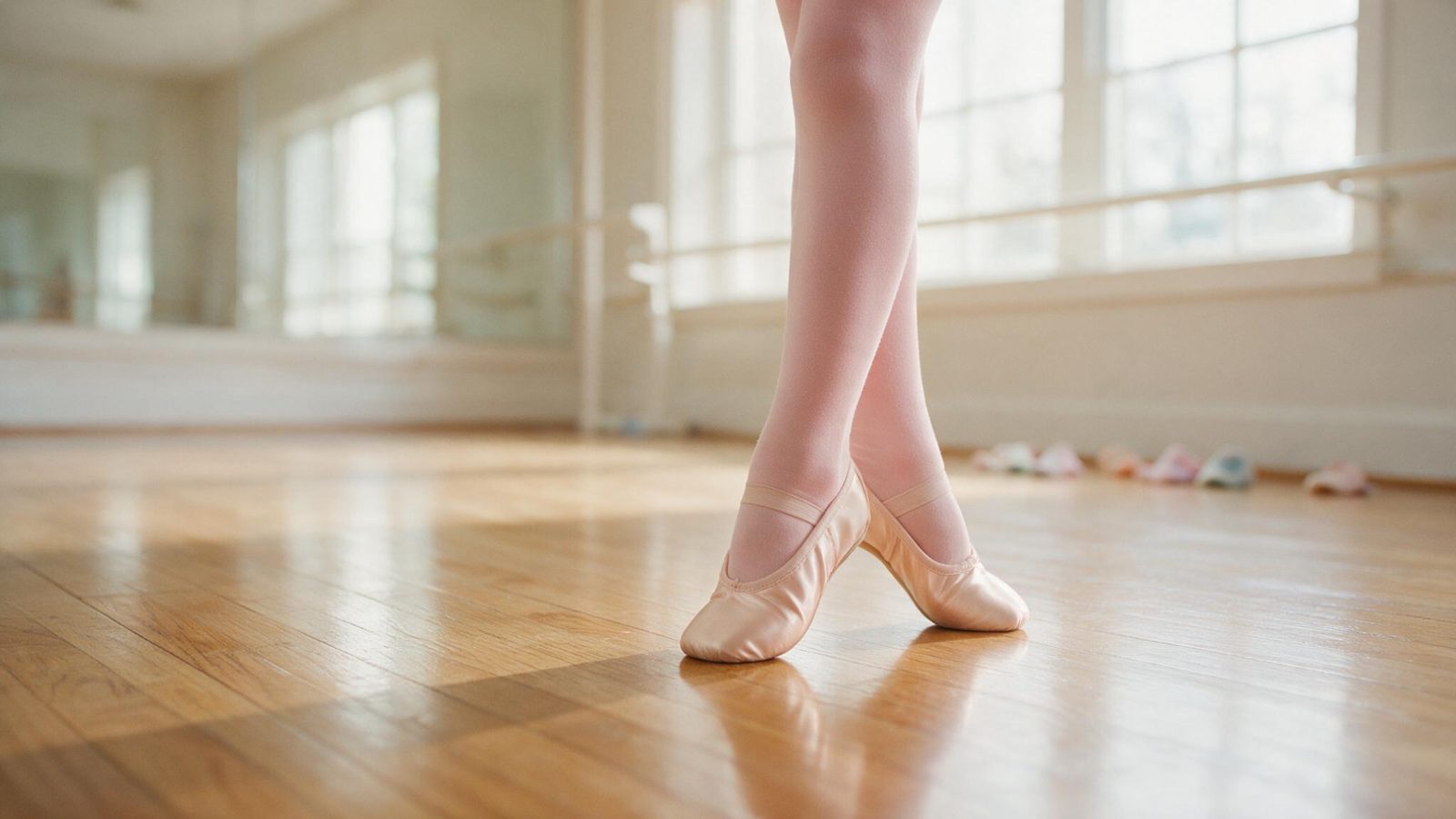 Piernas de una niña con medias y zapatillas de ballet poniéndose de puntillas en el suelo de una sala de danza