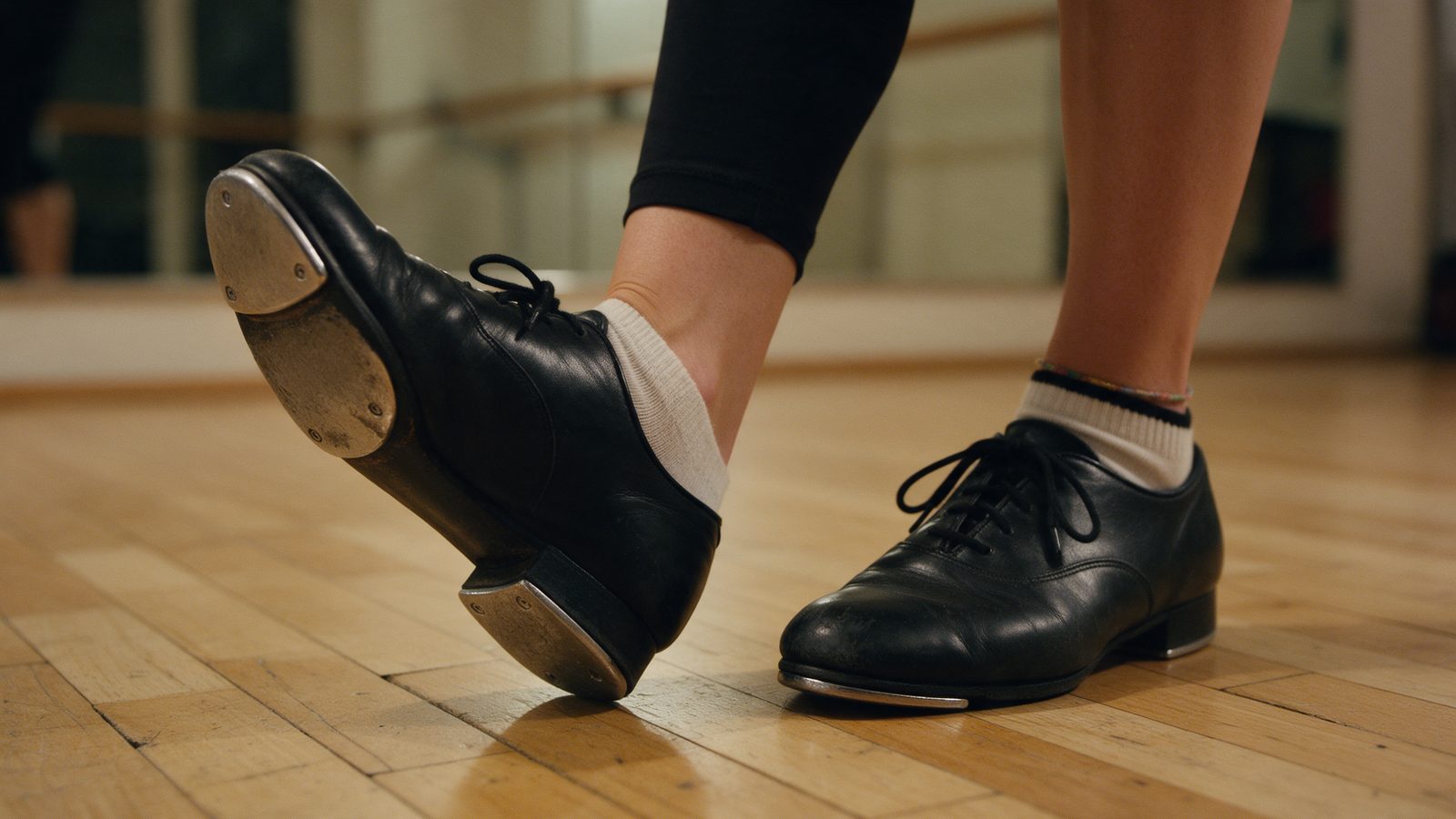 Primer pla de dues sabates de claqué negres sobre el parquet d'una sala de dansa: una aixecada que ensenya les plaques metàl·liques de la punta i el taló, i l'altra recolzada a terra