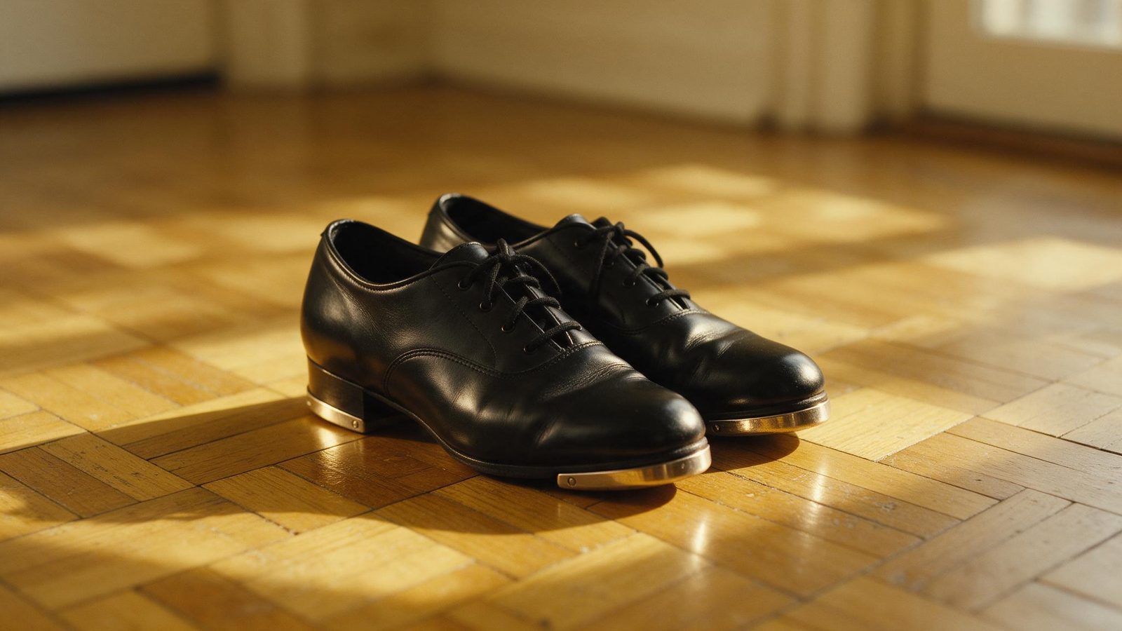 Un par de zapatos de claqué negros con las placas metálicas brillantes sobre el parquet