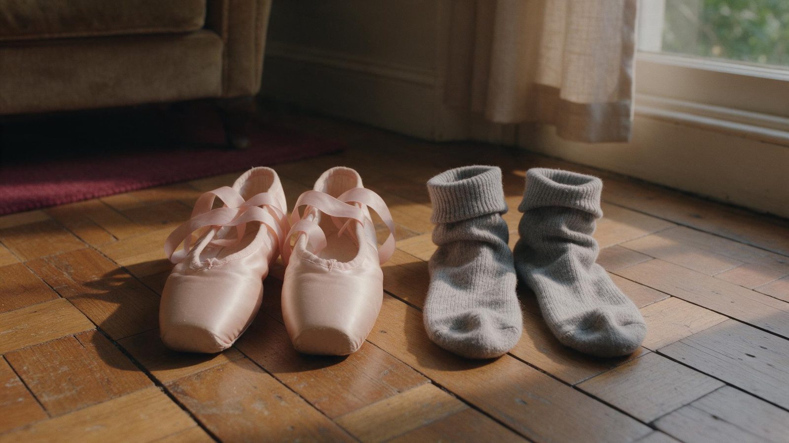 Unas zapatillas de media punta rosadas junto a unos calcetines de danza, sobre el parquet con luz de tarde
