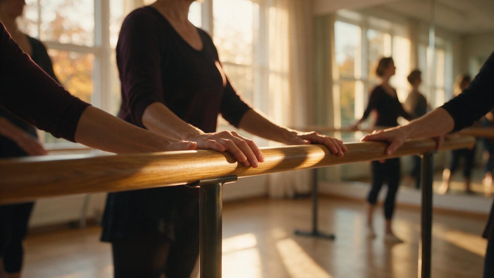 Mans d'adults sobre la barra de fusta d'una sala de dansa amb llum càlida de tarda