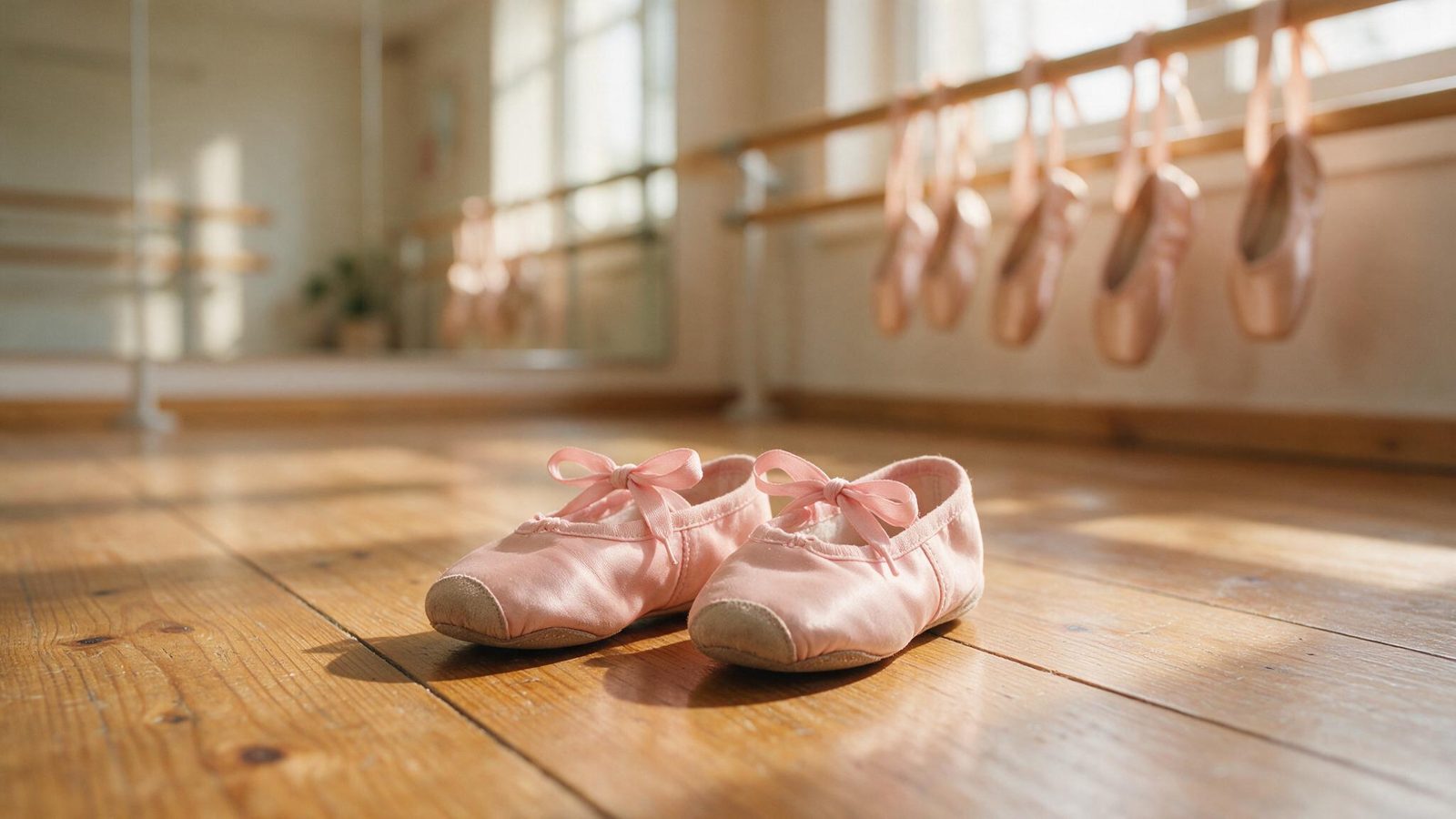 Unes sabatilles de ballet petites a terra d'una sala de dansa, amb puntes penjades a la barra al fons