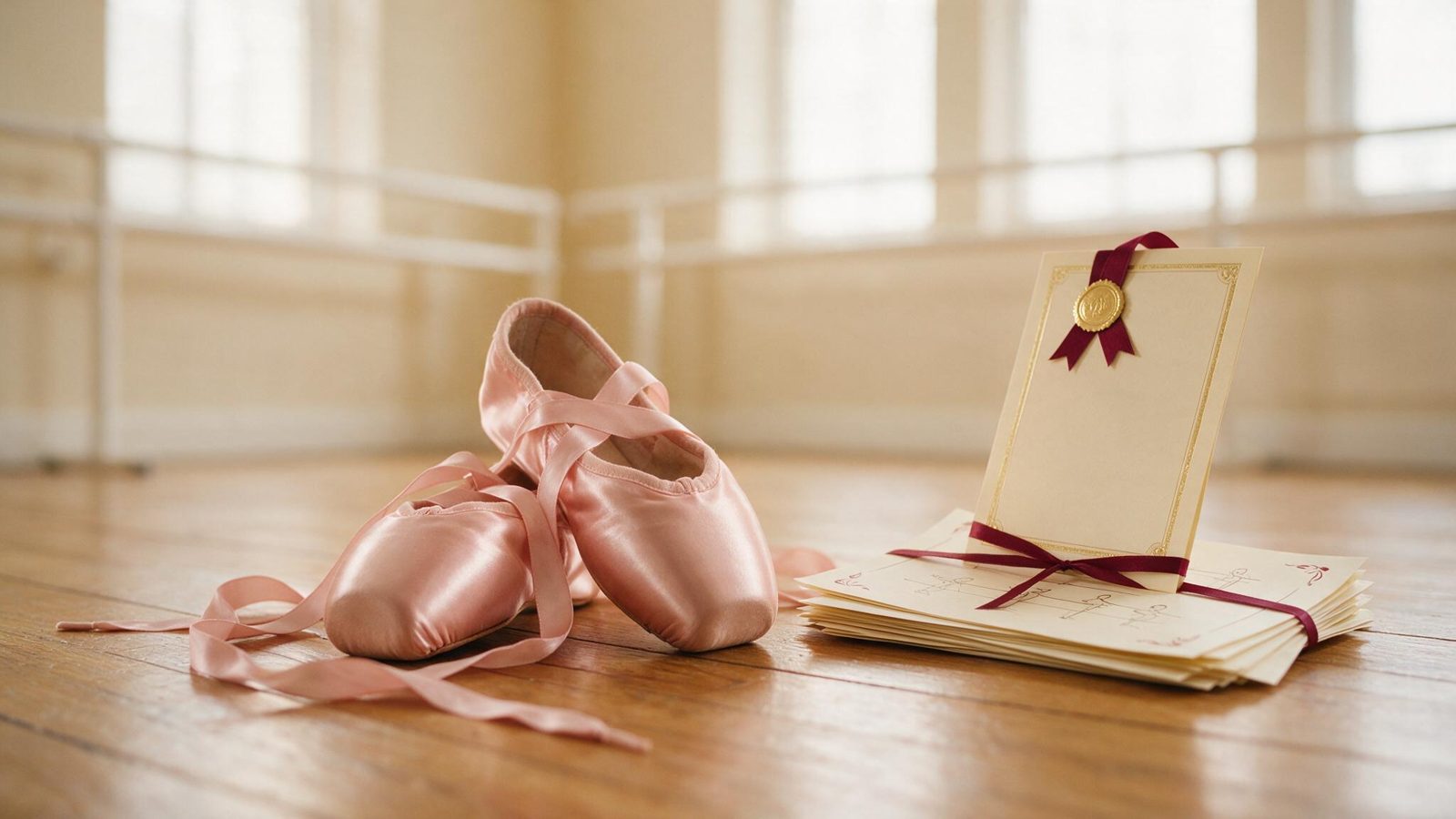 Puntas de ballet de satén rosa junto a un certificado con lazo granate en el suelo de una sala de danza