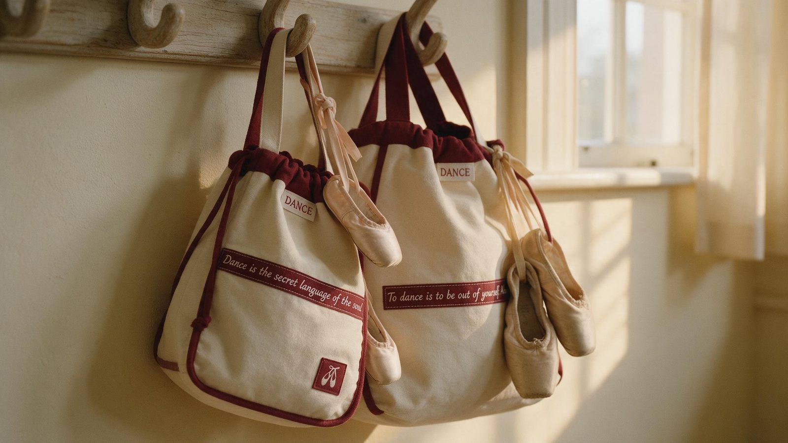 Dos bolsas de danza colgadas una junto a la otra, una pequeña y una grande, con luz cálida