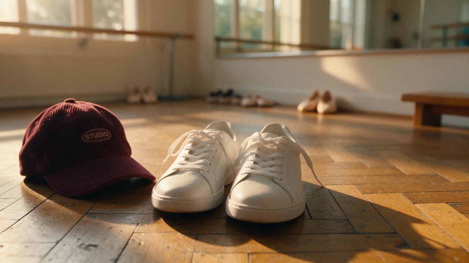 Unas zapatillas deportivas blancas y una gorra sobre el parquet de una sala de danza con luz cálida