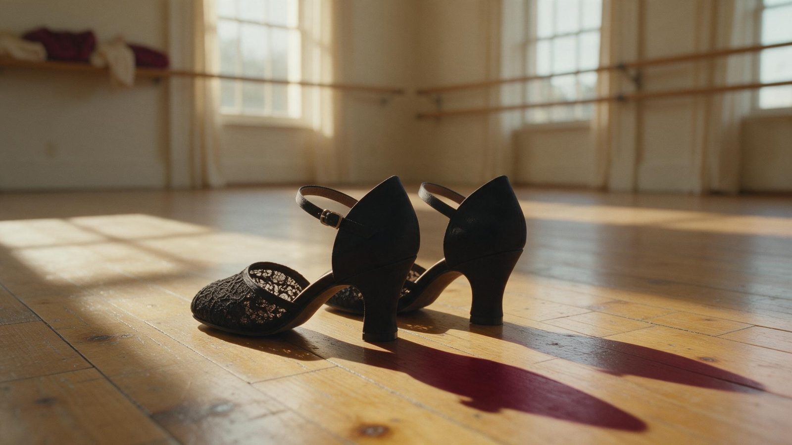 Unos zapatos de tacón para bailar heels sobre el parquet de una sala con luz cálida de tarde