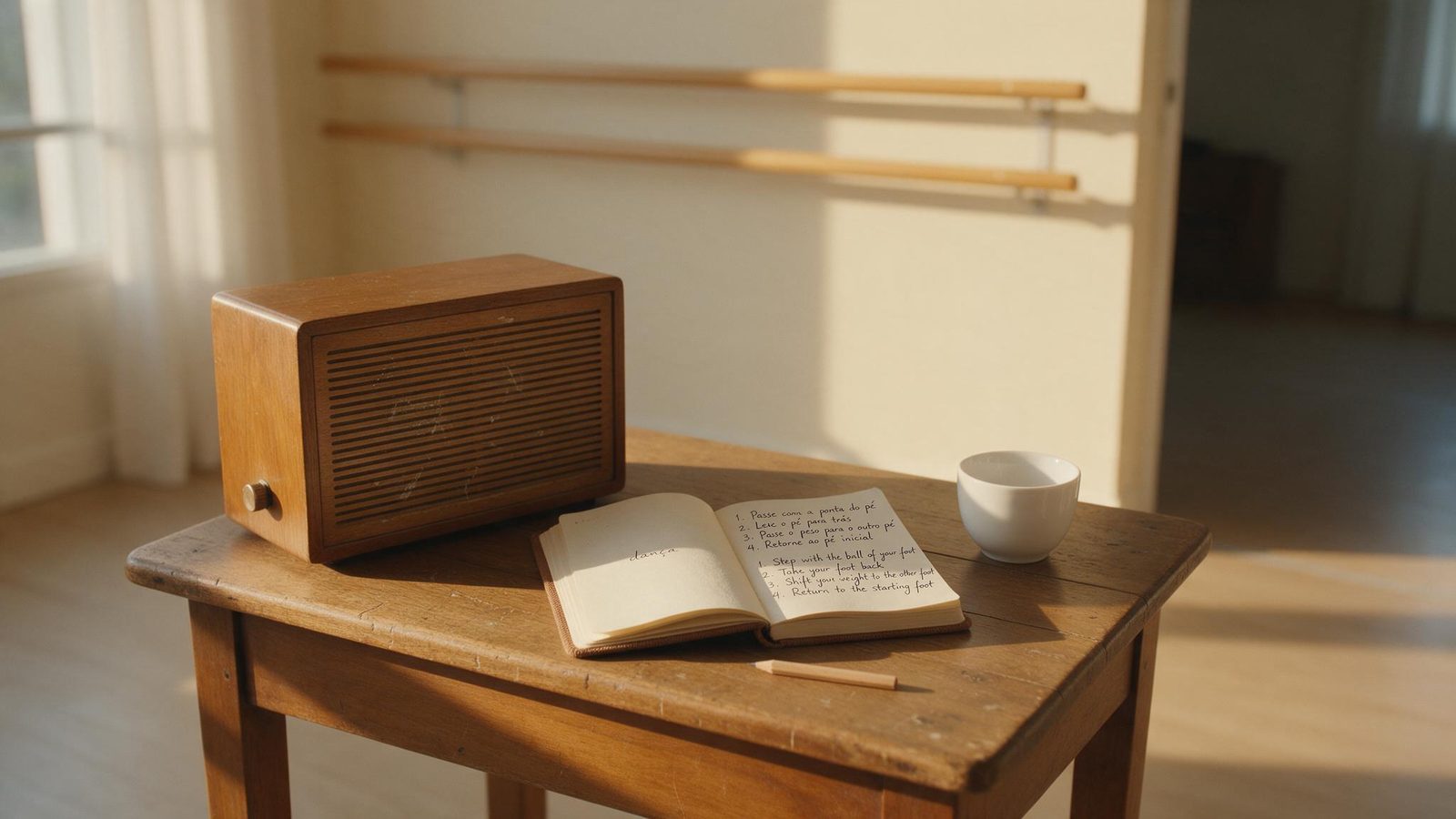 Un altavoz antiguo y una libreta de notas sobre una mesita de madera en una sala de danza