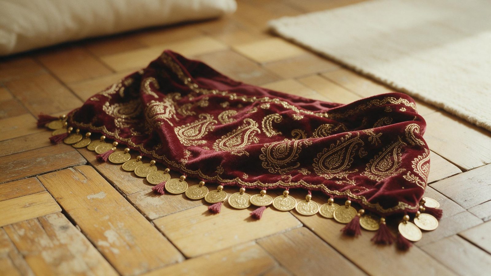 Un pañuelo de danza oriental con monedas doradas sobre el parquet, con luz cálida de tarde