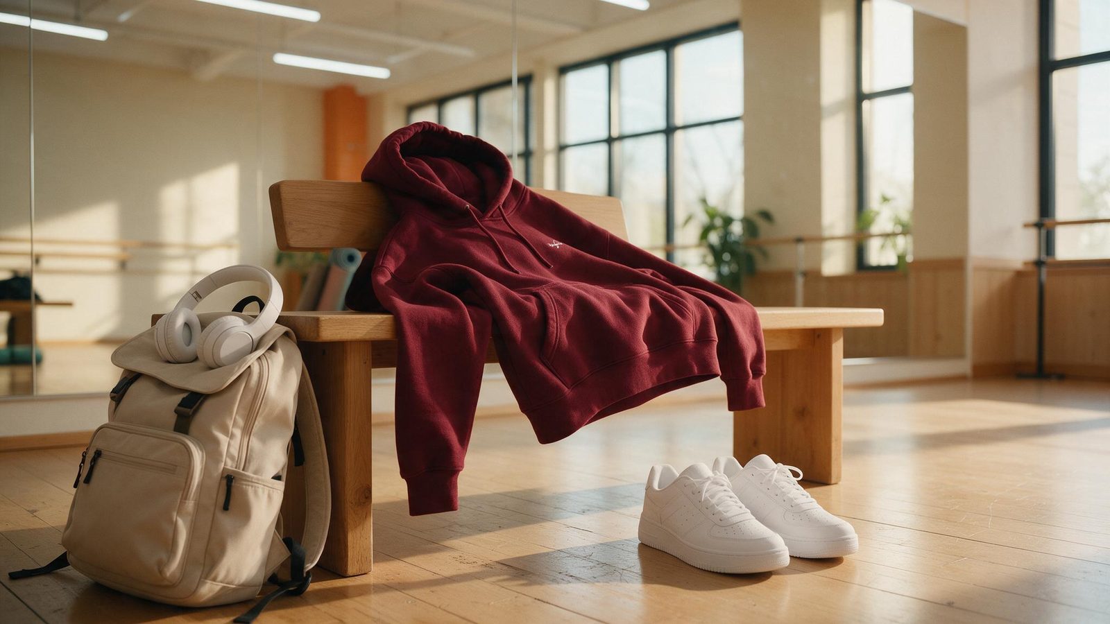 Una bolsa de danza y una chaqueta granate colgadas en la barra de una sala, con unas zapatillas rosas en el suelo