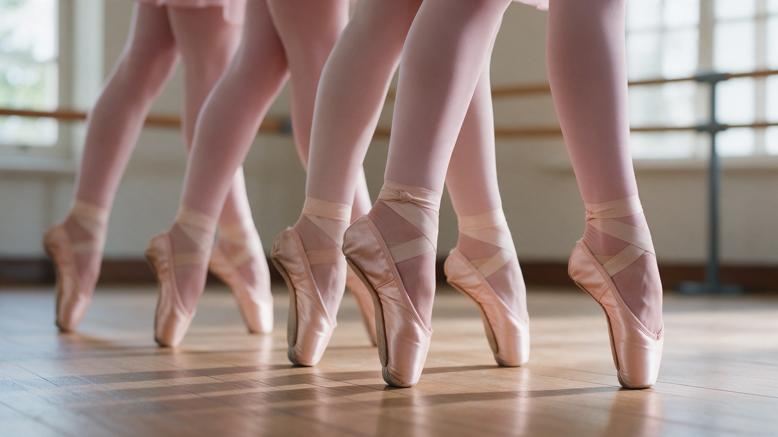 Las piernas de un grupo de alumnas de ballet con medias y puntas de satén rosa, subidas en puntas sobre el parquet de una sala de danza con la barra al fondo