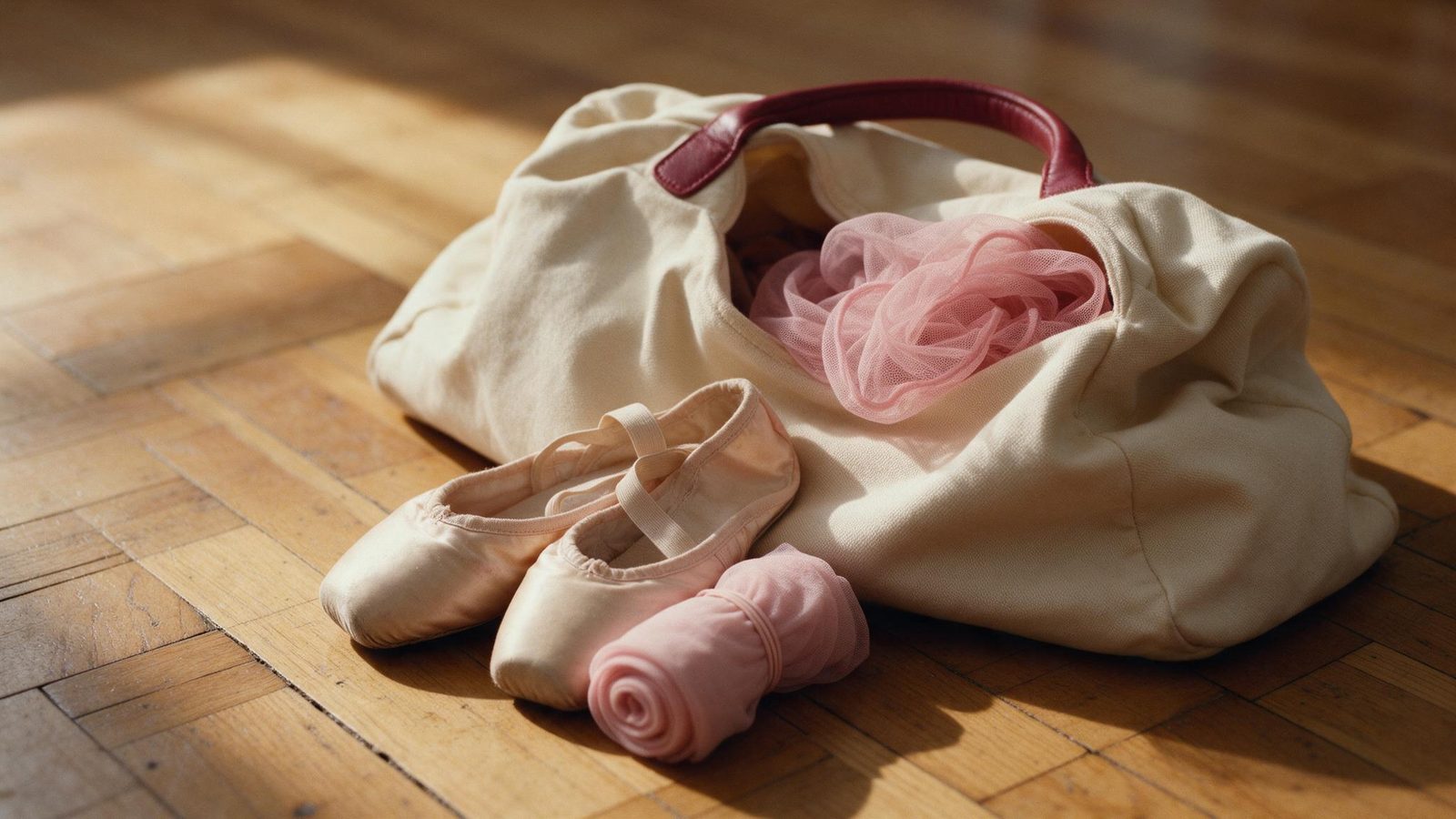Una bolsa de danza abierta sobre el parquet con zapatillas, medias y una goma de pelo