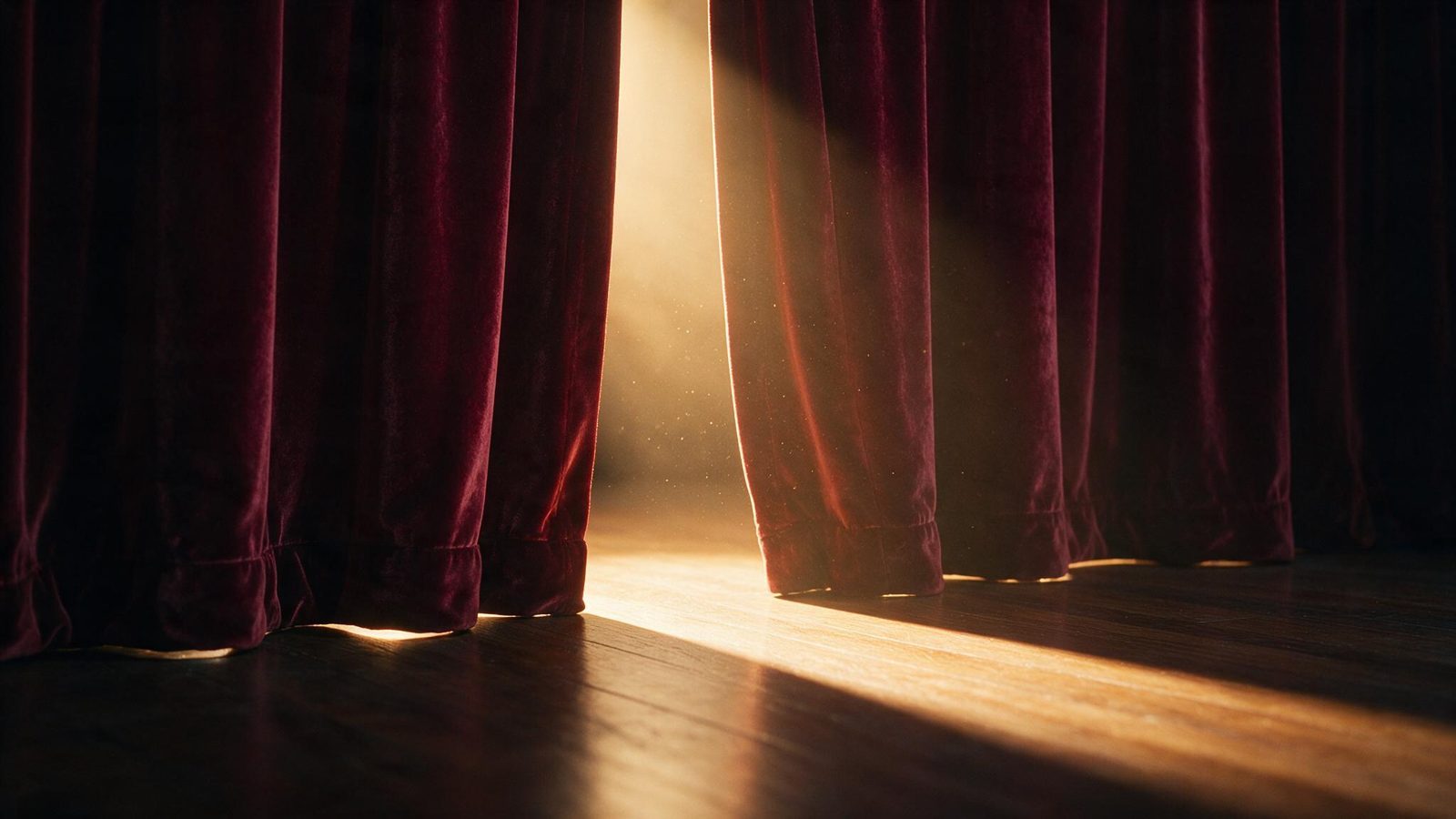 Un telón de terciopelo granate entreabierto con un haz de luz cálida que ilumina el escenario de madera