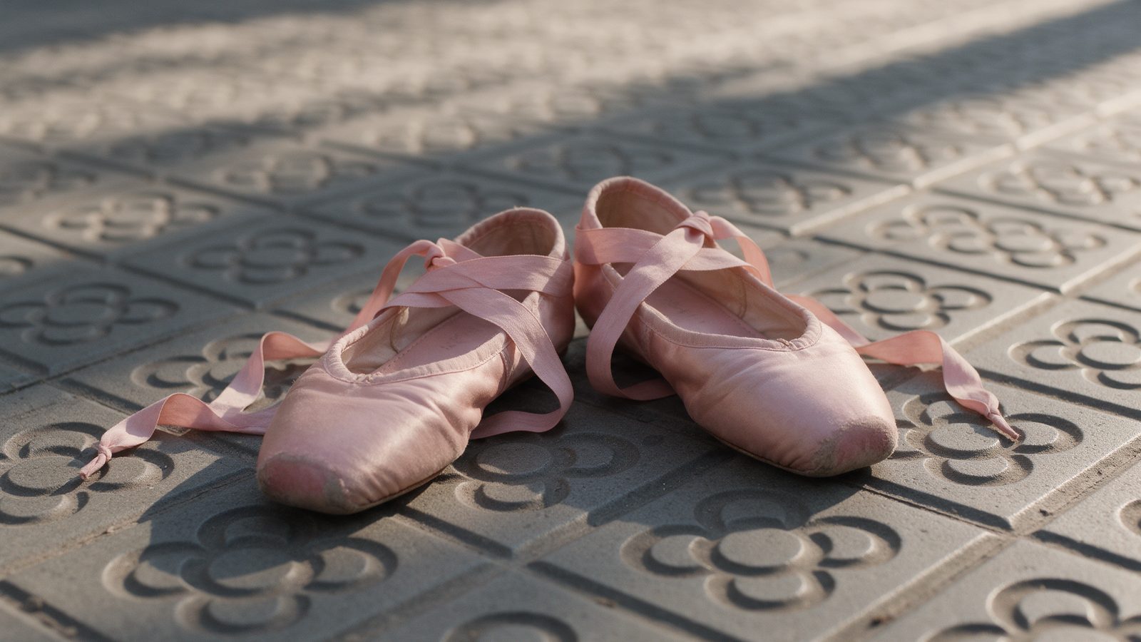 Unes sabatilles de ballet rosades amb les cintes descordades, damunt del panot de flor característic de les voreres de Barcelona