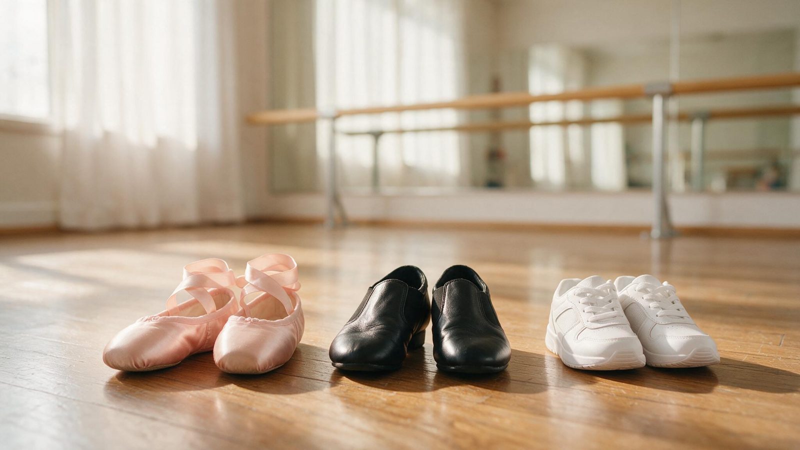 Tres pares de zapatillas de danza en fila en el suelo de una sala: ballet, jazz y deportivas urbanas
